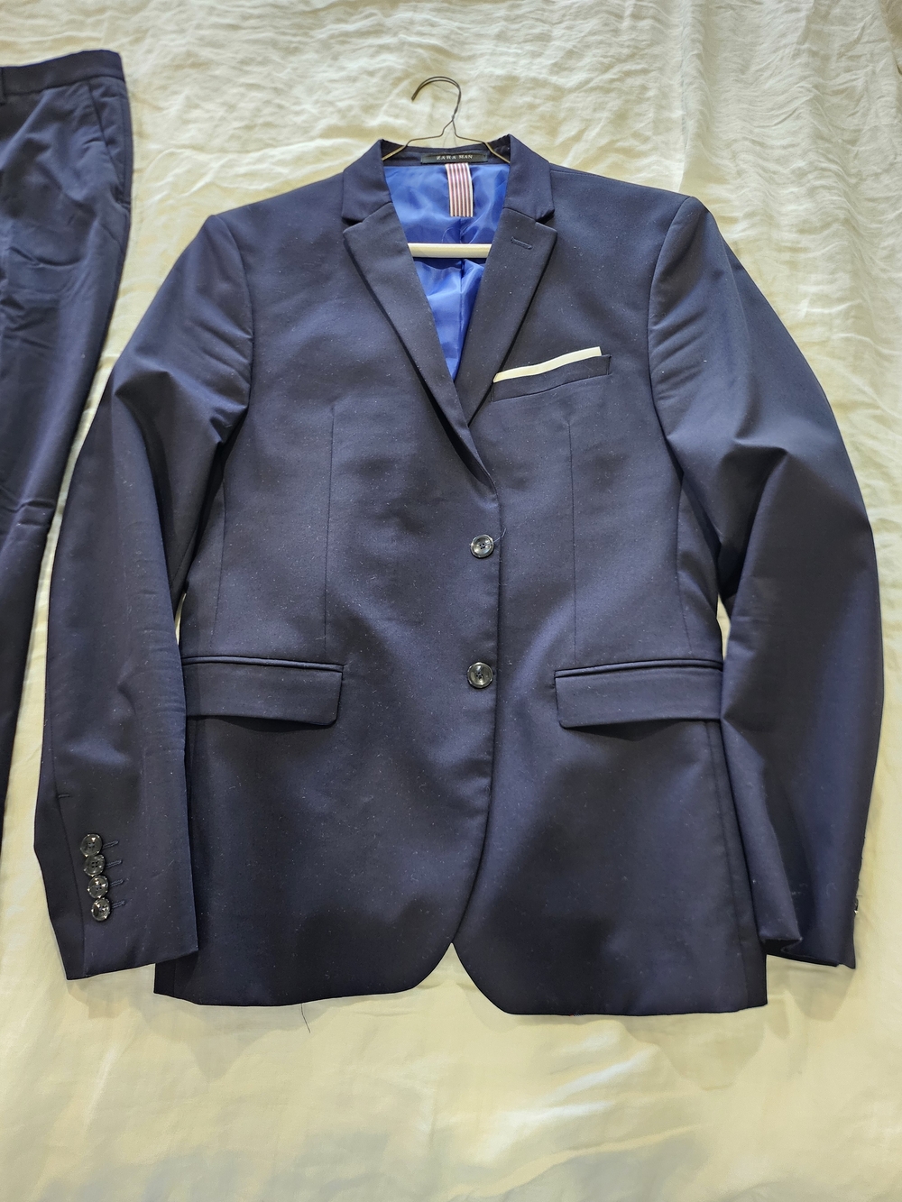 Zara Men's Dark Navy Two-Button Suit Jacket with White Pocket Trim